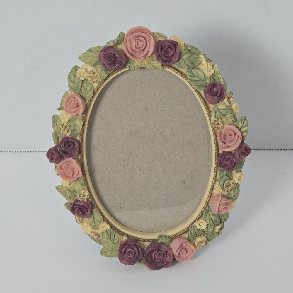 Vintage Oval Floral Picture Frame Pink Purple Rose 3D Resin Cottagecore 6 X 5